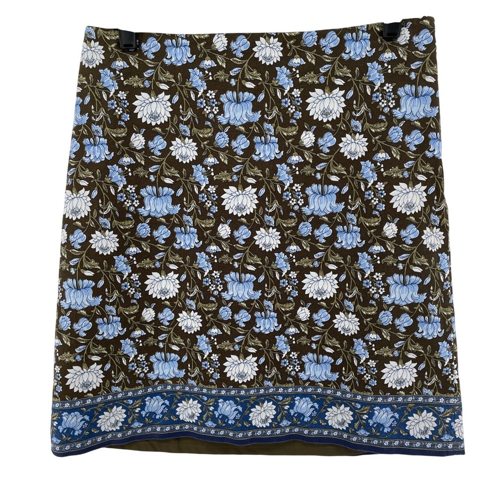 Talbots Pencil Skirt Womens 8 Brown Blue Floral Cottage Country Cotton Blend
